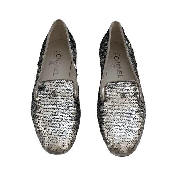 Chanel silver sequin CC smoking slip ons size 38 - Picture 1 of 9